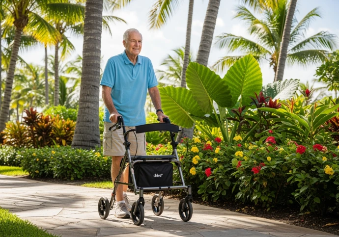 Elderly Man pushing a rollator in the Carribean